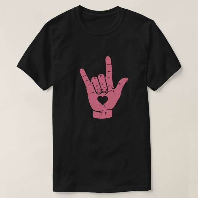 Camiseta ASL "Eu te amo" - Sinaliza a mão com coração (Frente do Design)