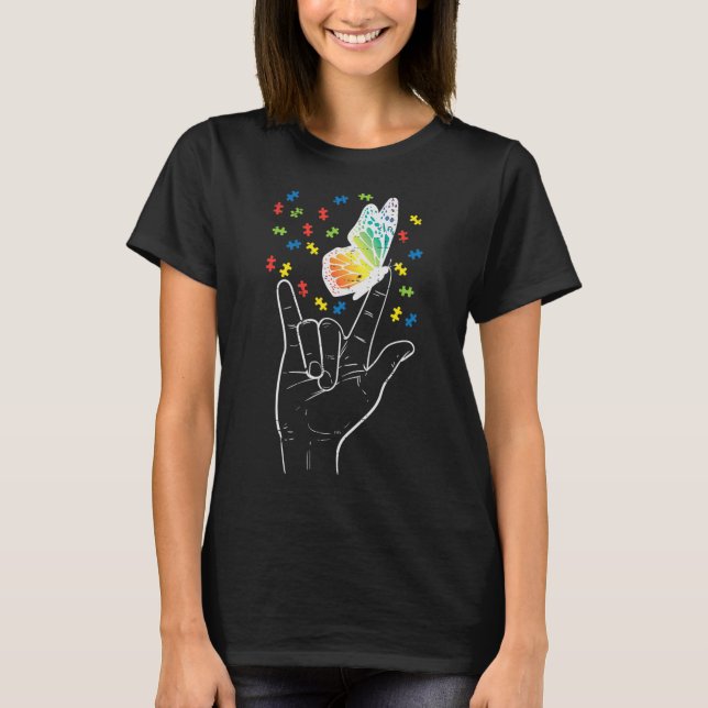 Camiseta Asl Love Sinal Butterfly Quebra-cabeça Autism Awar (Frente)