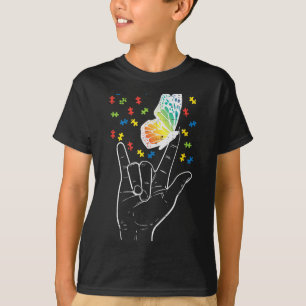 Camiseta Asl Love Sinal Butterfly Quebra-cabeça Autism Awar
