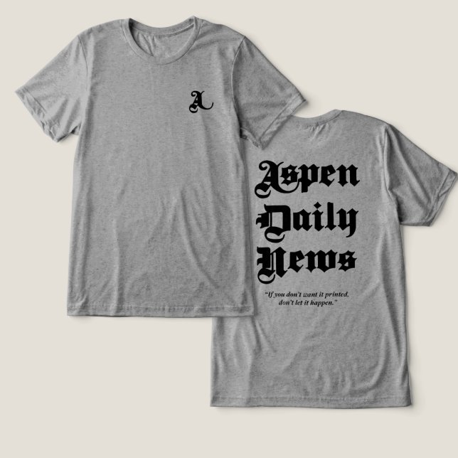 Camiseta Aspen Daily News - Camisa-T de Cinza masculino (Design Frente e Verso)