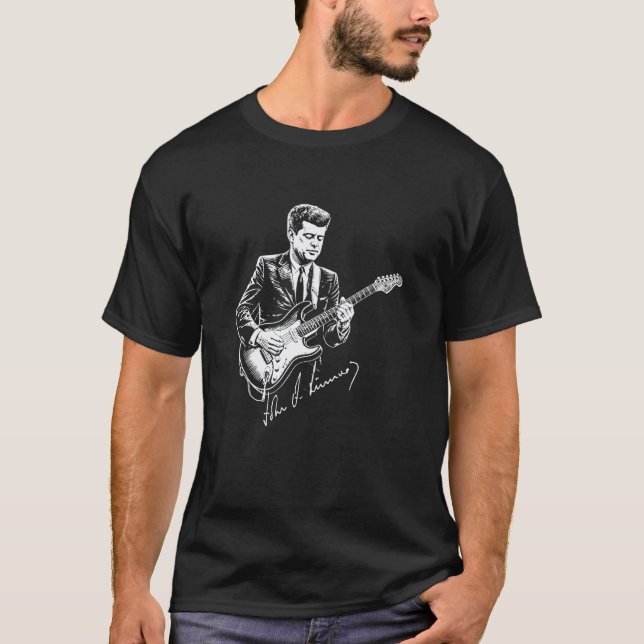 Camiseta Assinatura de John F. Kennedy Tocando Guitarra Elé (Frente)