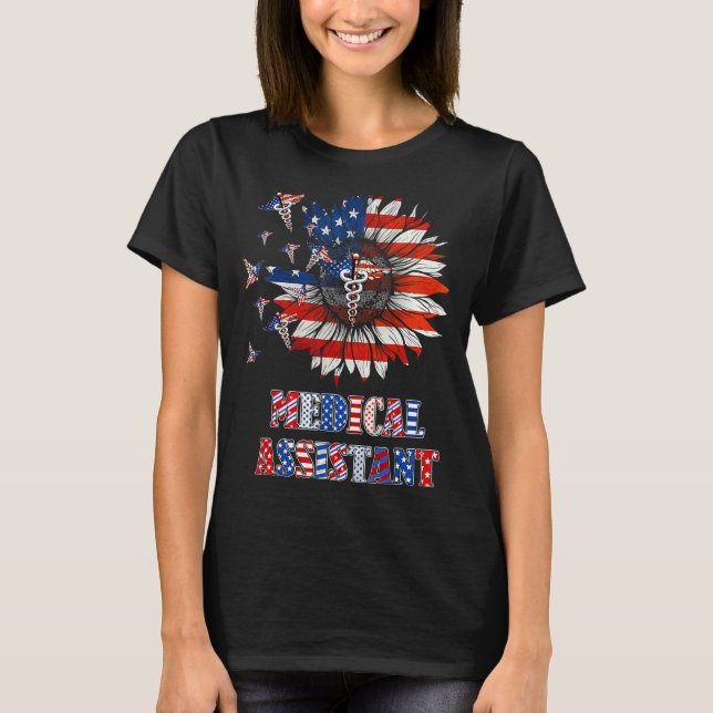 Camiseta Assistente Médico de Girassol Estetoscópio America (Frente)