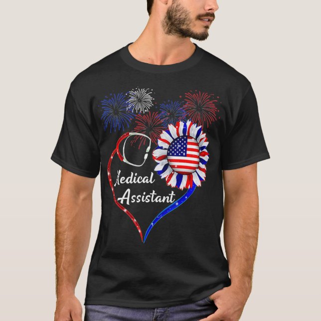 Camiseta Assistente Médico Sunflower American Flag 4th Of J (Frente)
