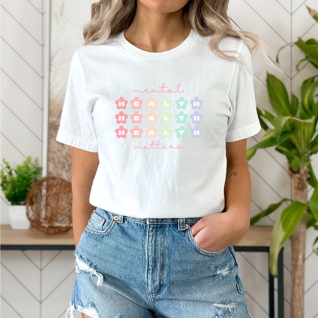 Camiseta Assuntos de Saúde Mental | Flores Retro Pastel Rai (Mental Health Matters shirt | Retro Flowers Pastel Rainbow | Aesthetic t-shirt)