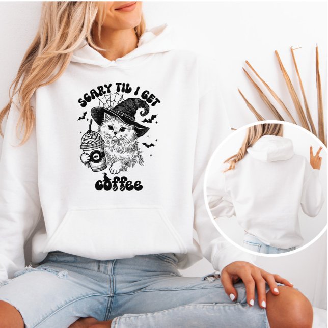 Camiseta Assustador Até Eu Pegar Café Gato | Bonito Hallowe (Criador carregado)