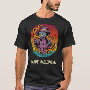 Camiseta Assustador Feliz Gato Mago de Halloween Homens Mul