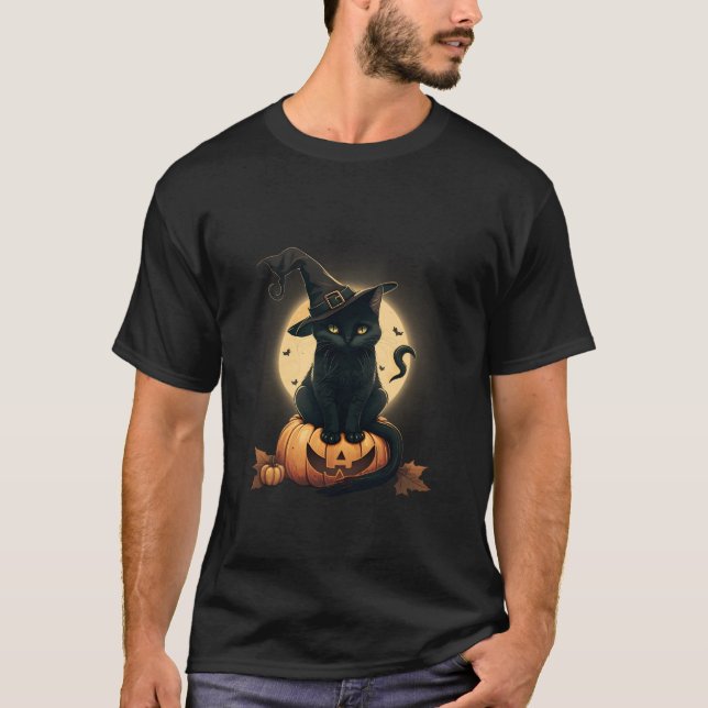 Camiseta Assustador Halloween Pumpkin Black Cat Witch Hat & (Frente)