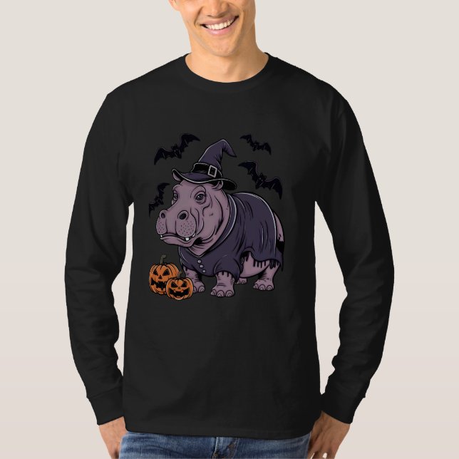 Camiseta Assustador Pumpkin Bat Engraçado Bruxa Hat Hippopo (Frente)