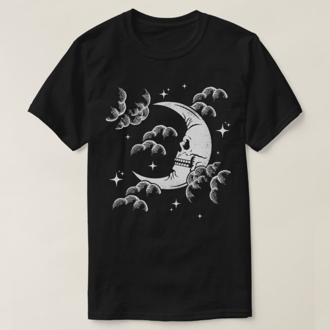 Camiseta Astrologia Crescente Caveira Lua, Céu Noturno com  (Frente do Design)