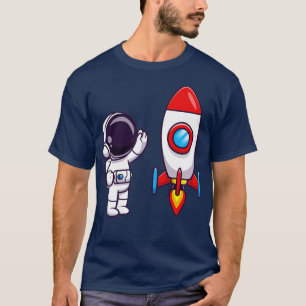 Camiseta Astronauta acenando a mão para o desenho do foguet