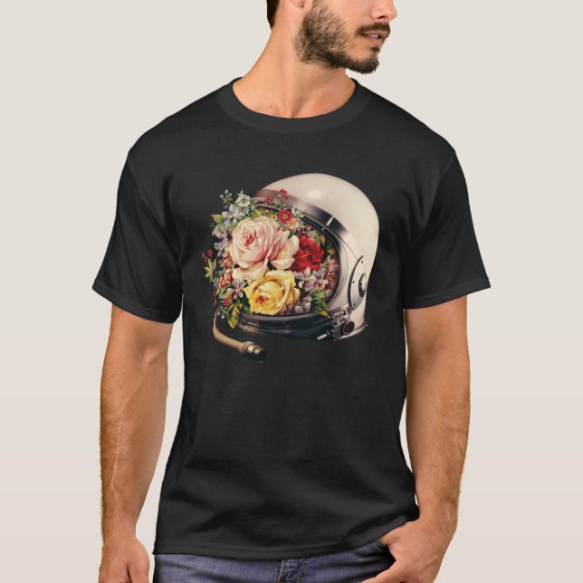 Camiseta Astronauta Bloqueio Astronauta Helmet Flor Exterio (Frente)