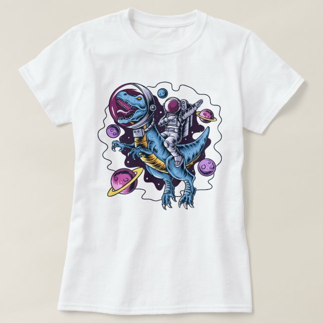 Camiseta Astronauta cavalgando T-Rex (Frente do Design)