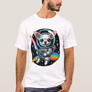 Camiseta Astronauta Chihuahua com sabre arco-íris de luz em