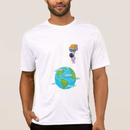 Camiseta astronauta com balões aterrando terra