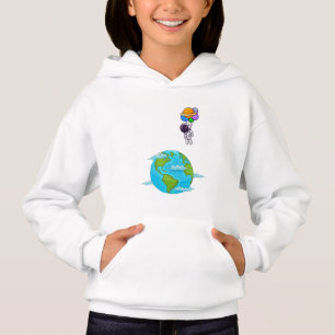 Camiseta astronauta com balões aterrando terra