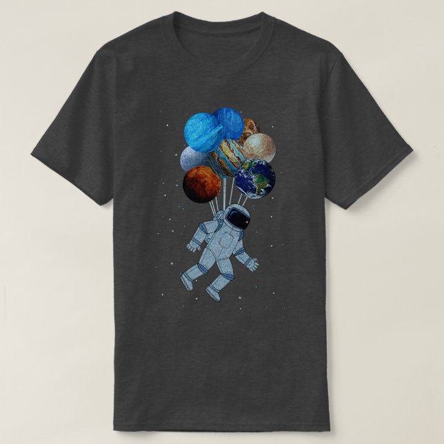 Camiseta Astronauta Com Sistema Planeta Solar Espaço Balão  (Frente do Design)