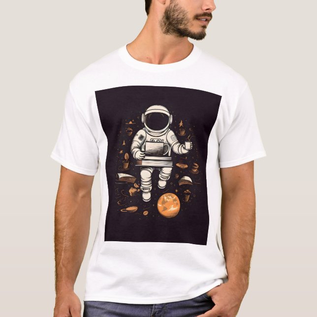 Camiseta Astronauta com uma xícara de café impressa em T-sh (Frente)
