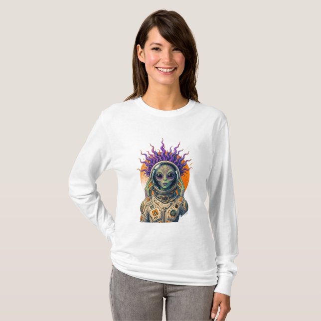 Camiseta Astronauta Cósmico Alien Manga Longa (Frente Completa)