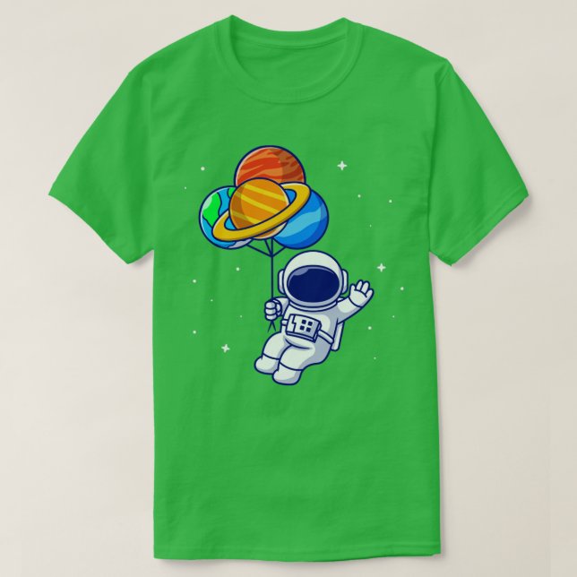 Camiseta Astronauta Cuta Flutuando Com Balões De Planeta Em (Frente do Design)