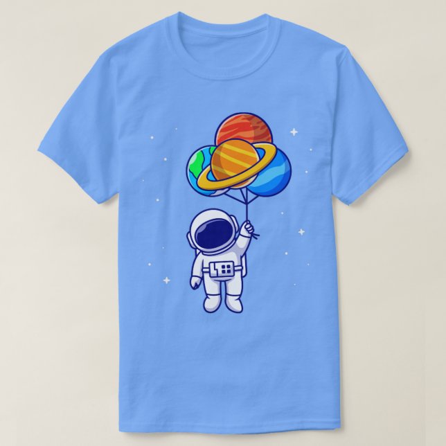 Camiseta Astronauta Cuta Flutuando Com Balões De Planeta Em (Frente do Design)