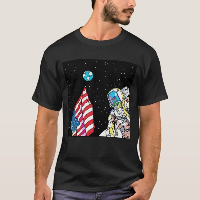 Camiseta Astronauta da Apollo com Bandeira e Terra Pop Art (Frente)
