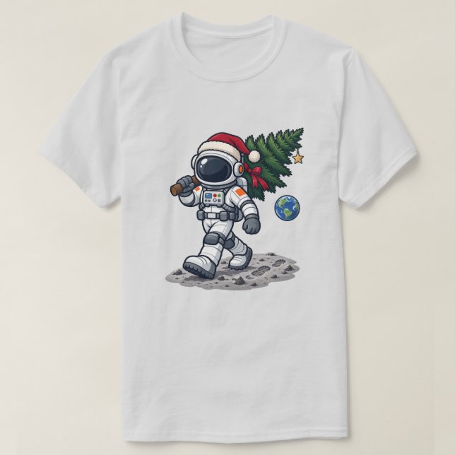 Camiseta Astronauta da Árvore de Natal na Lua (Frente do Design)