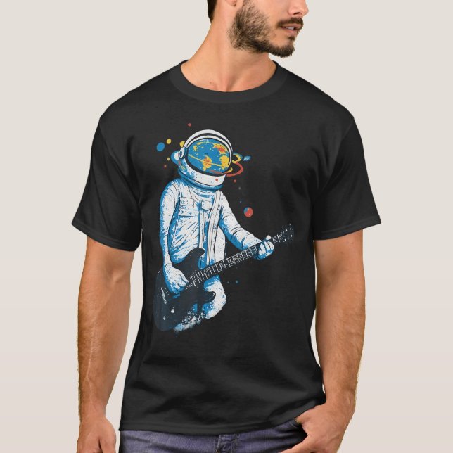 Camiseta Astronauta das Frequências Cósmicas Tocando Guitar (Frente)