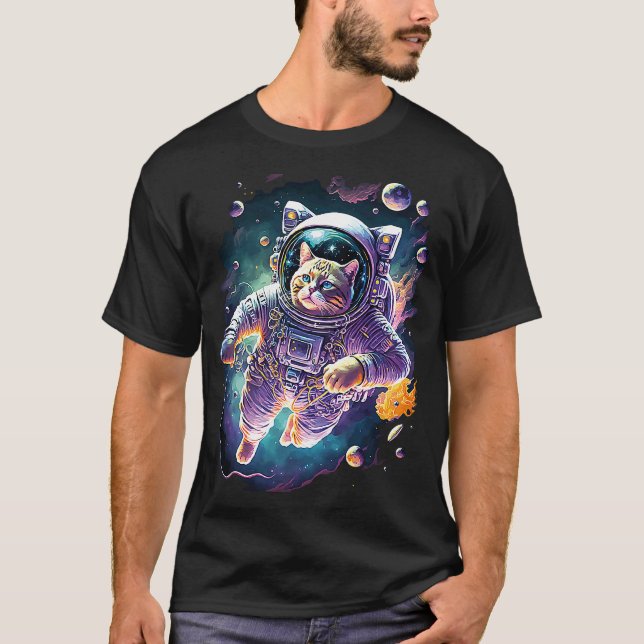 Camiseta Astronauta de Gato do Gato do Espaço Cósmico Funky (Frente)