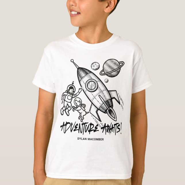 Camiseta Astronauta do Foguete Viagem do Espaço Branco Retr (Frente)