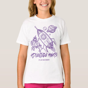 Camiseta Astronauta do Foguete Viagem do Espaço Branco Roxo