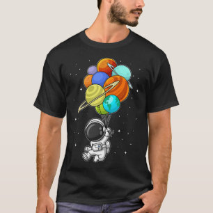 Camiseta Astronauta Engraçado Segurando Balões do Planeta E