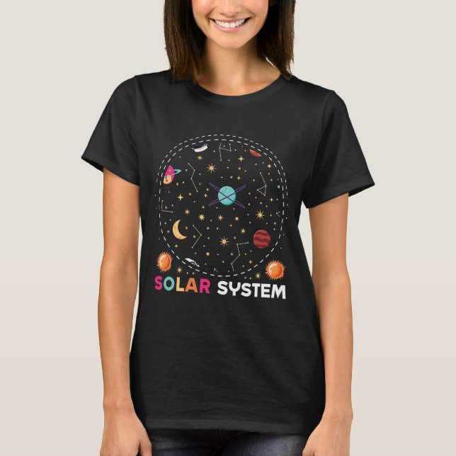 Camiseta astronauta espacial e sistema solar de foguetes (Frente)