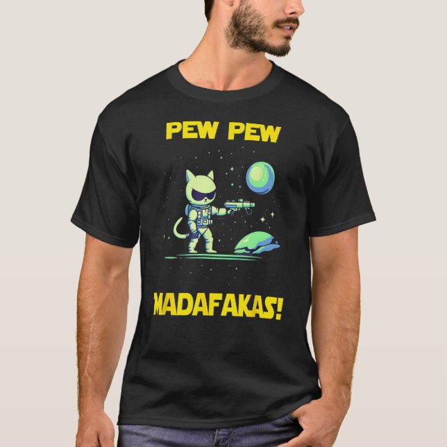 Camiseta Astronauta Espacial Pew Madafakas Manx Cat (Frente)