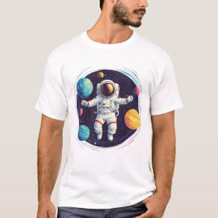 Camiseta Astronauta explorando sistema solar colorido