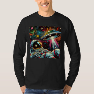 Camiseta Astronauta Flutuando no Espaço com uma Arte de IA 
