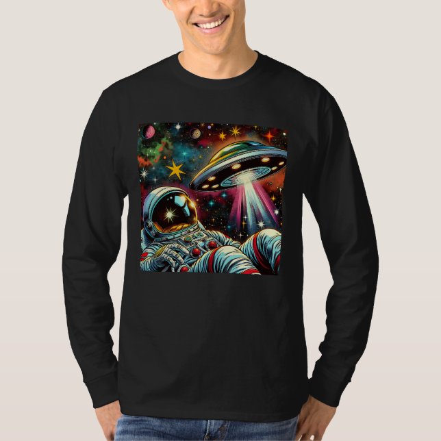 Camiseta Astronauta Flutuando no Espaço com uma Arte de IA  (Frente)