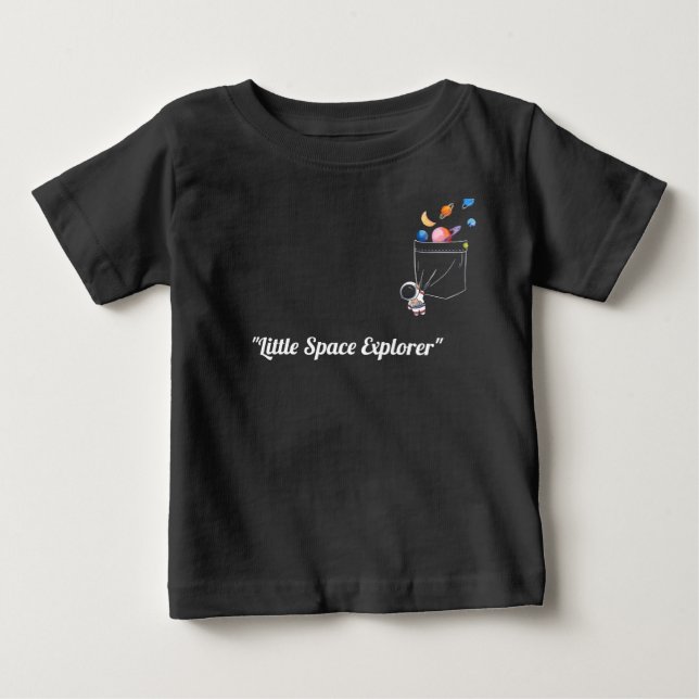 Camiseta Astronauta Fofo no Bolso com Planetas Flutuantes (Frente)