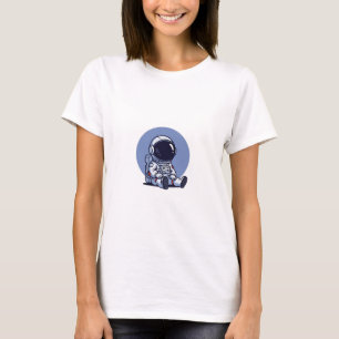 Camiseta Astronauta Fofo Sentado em um Círculo Azul