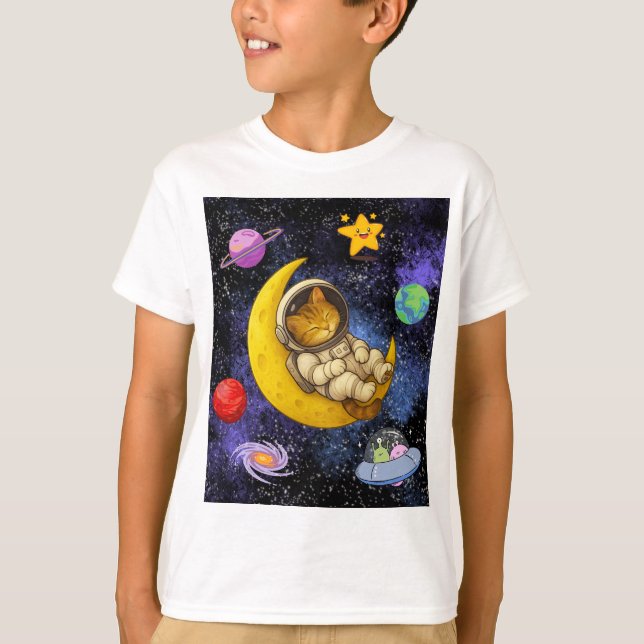 Camiseta Astronauta Gato Dormindo na Lua (Frente)