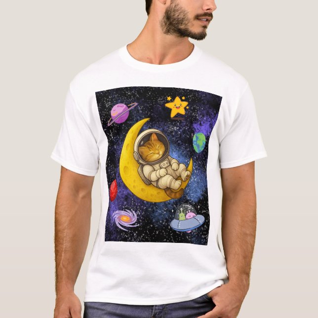 Camiseta Astronauta Gato Dormindo na Lua (Frente)
