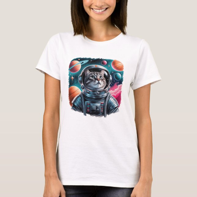 Camiseta Astronauta Gato Engraçado No Espaço (Frente)