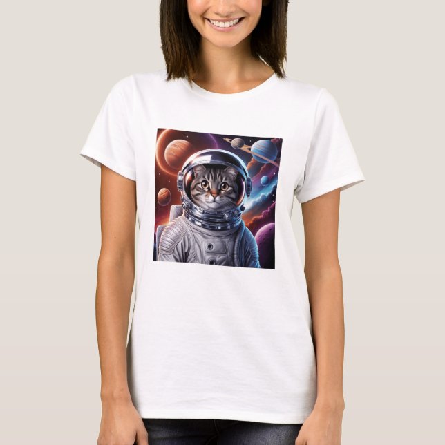Camiseta Astronauta Gato Engraçado No Espaço (Frente)