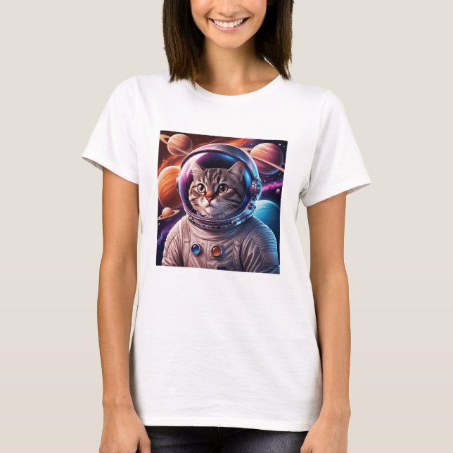 Camiseta Astronauta Gato Engraçado No Espaço (Frente)