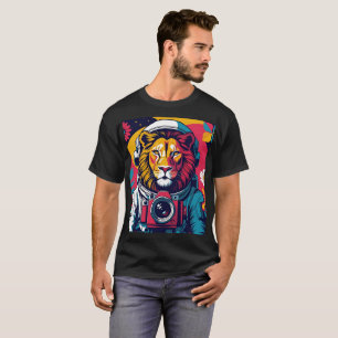 Camiseta Astronauta Leão Cósmico Gráfico Espacia