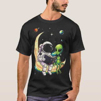 Camiseta Astronauta Lendo Livro Para Espaço Lunar Alien