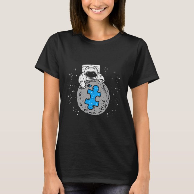 Camiseta Astronauta Lua Azul Quebra-cabeça Piece Autismo Co (Frente)