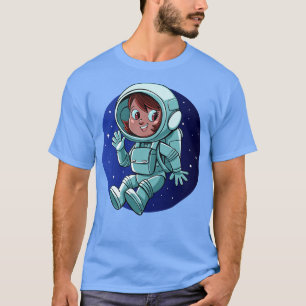 Camiseta astronauta menina sem peso flutua no espaço