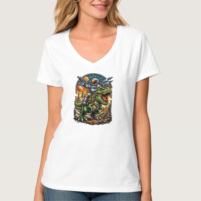 Camiseta Astronauta Montando um T-Rex – Dinosaur Espacial É (Frente)