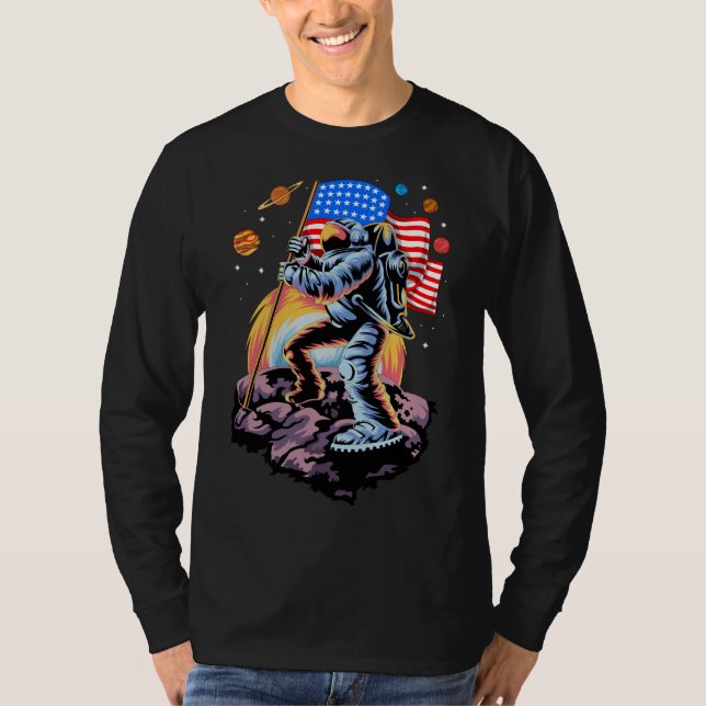 Camiseta astronauta na bandeira dos eua lua (Frente)