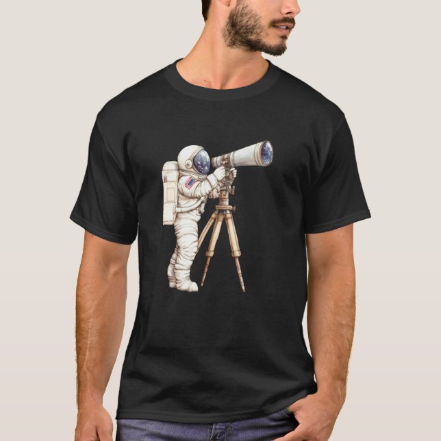Camiseta Astronauta olhando as estrelas com um telescópio e (Frente)